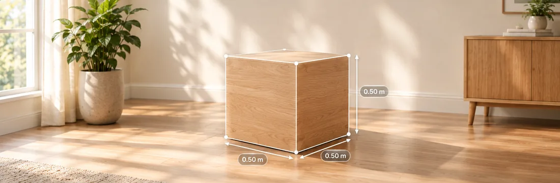 Checking furniture size in a room — a light oak cube on a wooden floor with a wireframe outline and 0.50 metre labels on each edge