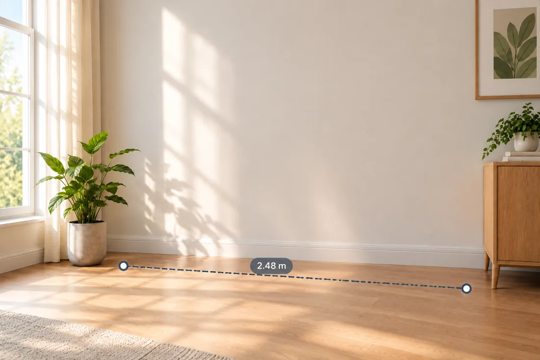 Using the app as an AR ruler to measure a room — a dashed measuring line across the floor of a bright empty room, reading 2.48 metres