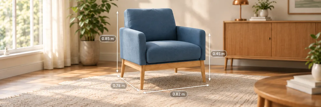 Visualising furniture in a room — a blue armchair placed on a rug in a sunlit living room, its height, width and depth marked in metres