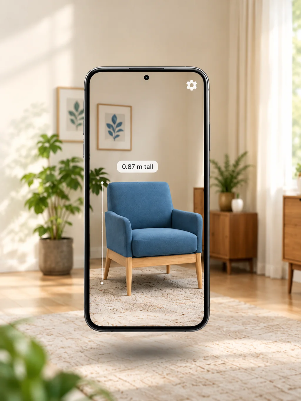 A room makeover in augmented reality — a phone held up in a sunlit living room, its screen showing a blue armchair standing on the rug at real size