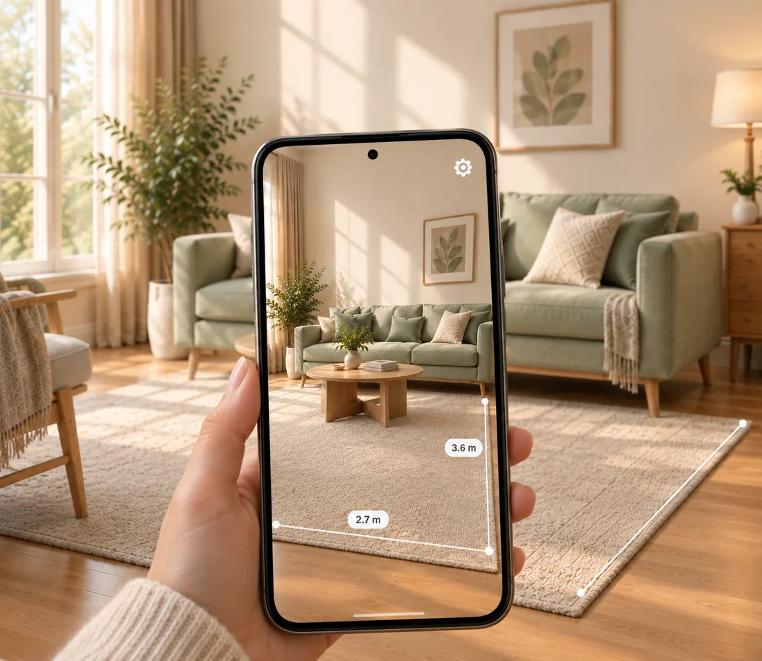 What size rug for living room — a phone held up in a sunlit living room, its screen measuring the rug under a sage green sofa and reading 2.7 m by 3.6 m